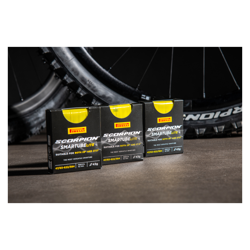 Pirelli Scorpion SmarTUBE LITE Tubes trio displayed with wheels - bicyquel _